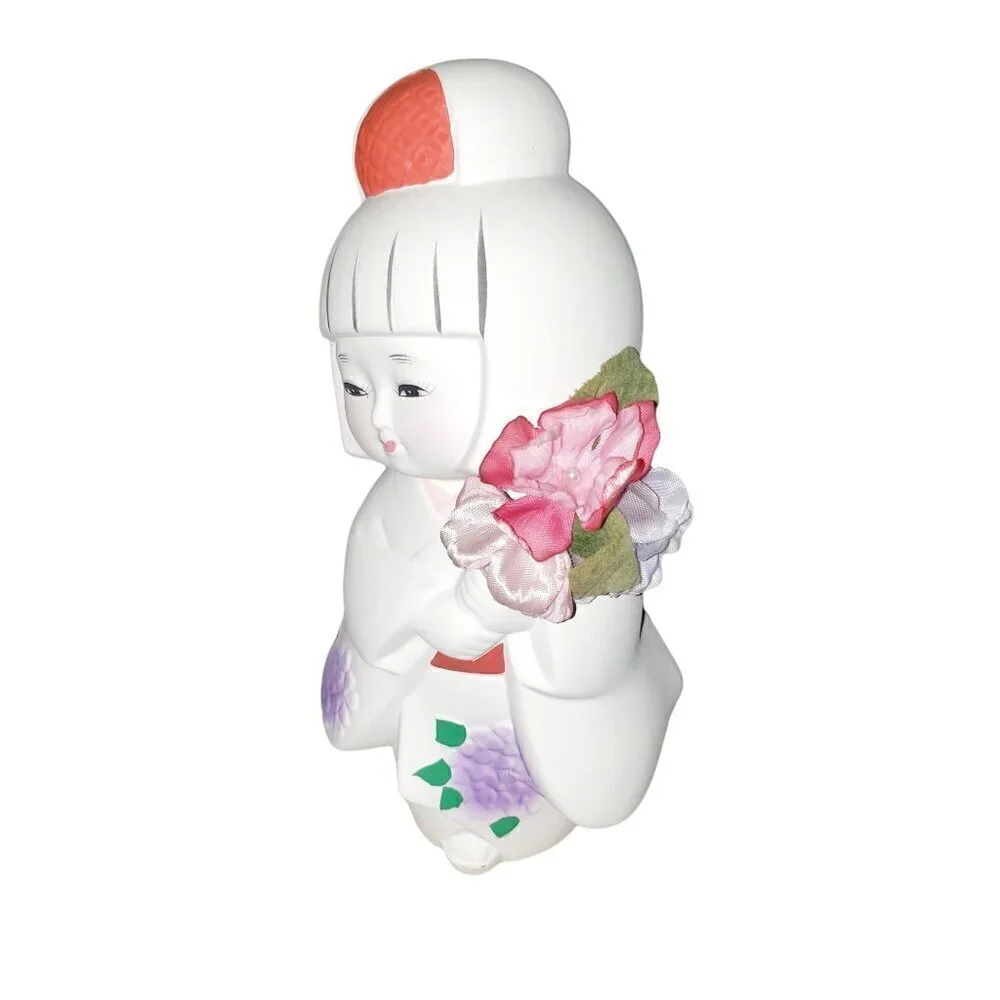 Vtg‎ Japanese Hakata Bisque Geisha Doll on Signed Wooden Base 7 3/4” T Ceramic